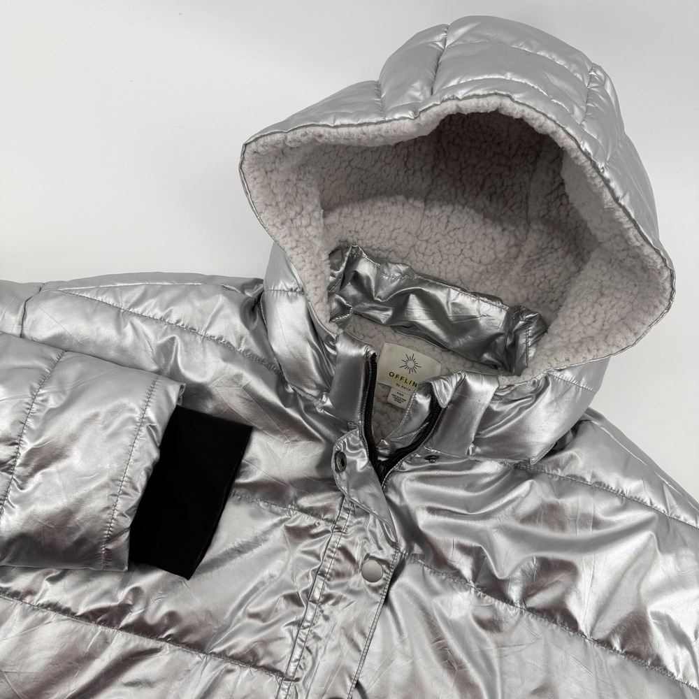 OFFLINE by Aerie Metallic Womens Puffer Jacket Hooded Sherpa Lined Silver Medium